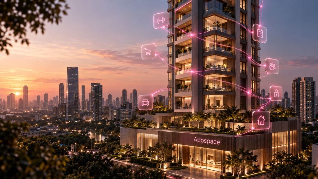 Prédio residencial ao entardecer com ícones digitais conectados, ilustrando a tecnologia no mercado imobiliário